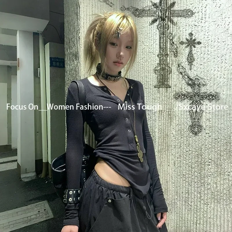 Harajuku Long Sleeve Tee Shirt American Vintage Subculture Y2k Button T-shirt Grunge Aesthetics Black Ribbed Tops Gothic Vintage