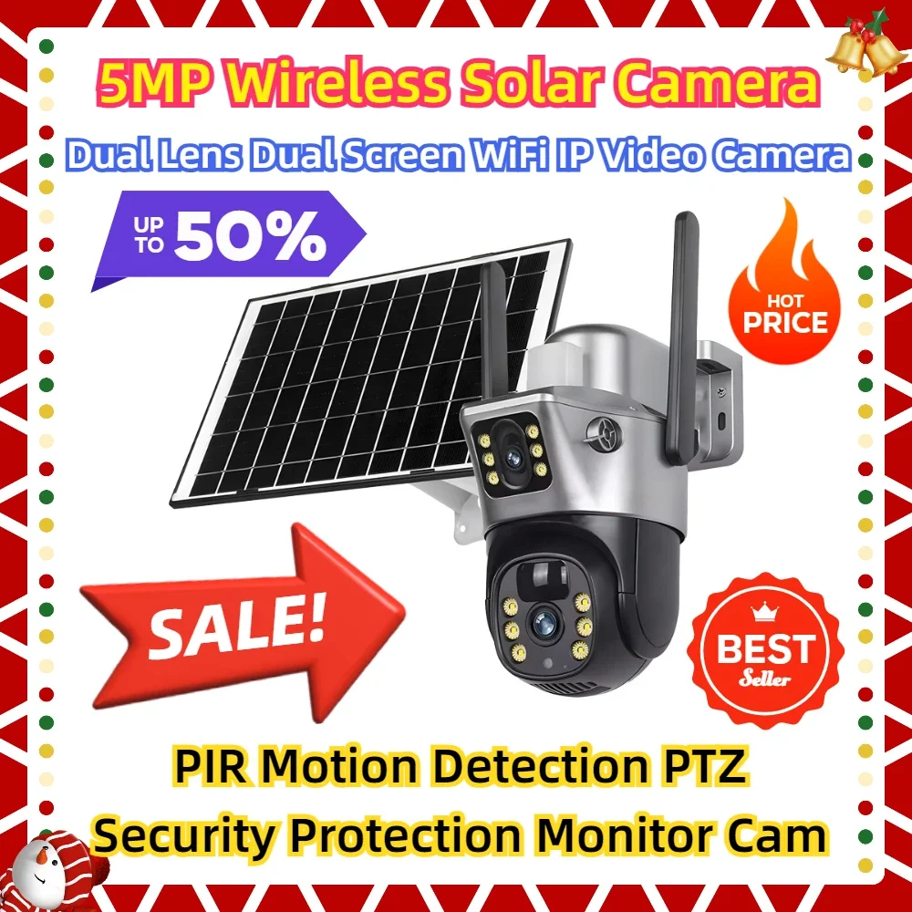 

Dual Lens Dual Screen WiFi IP Videocamema PIR Motion Detection PTZ Security Protection Monitor Cam 5MP Wireless Solar Camera