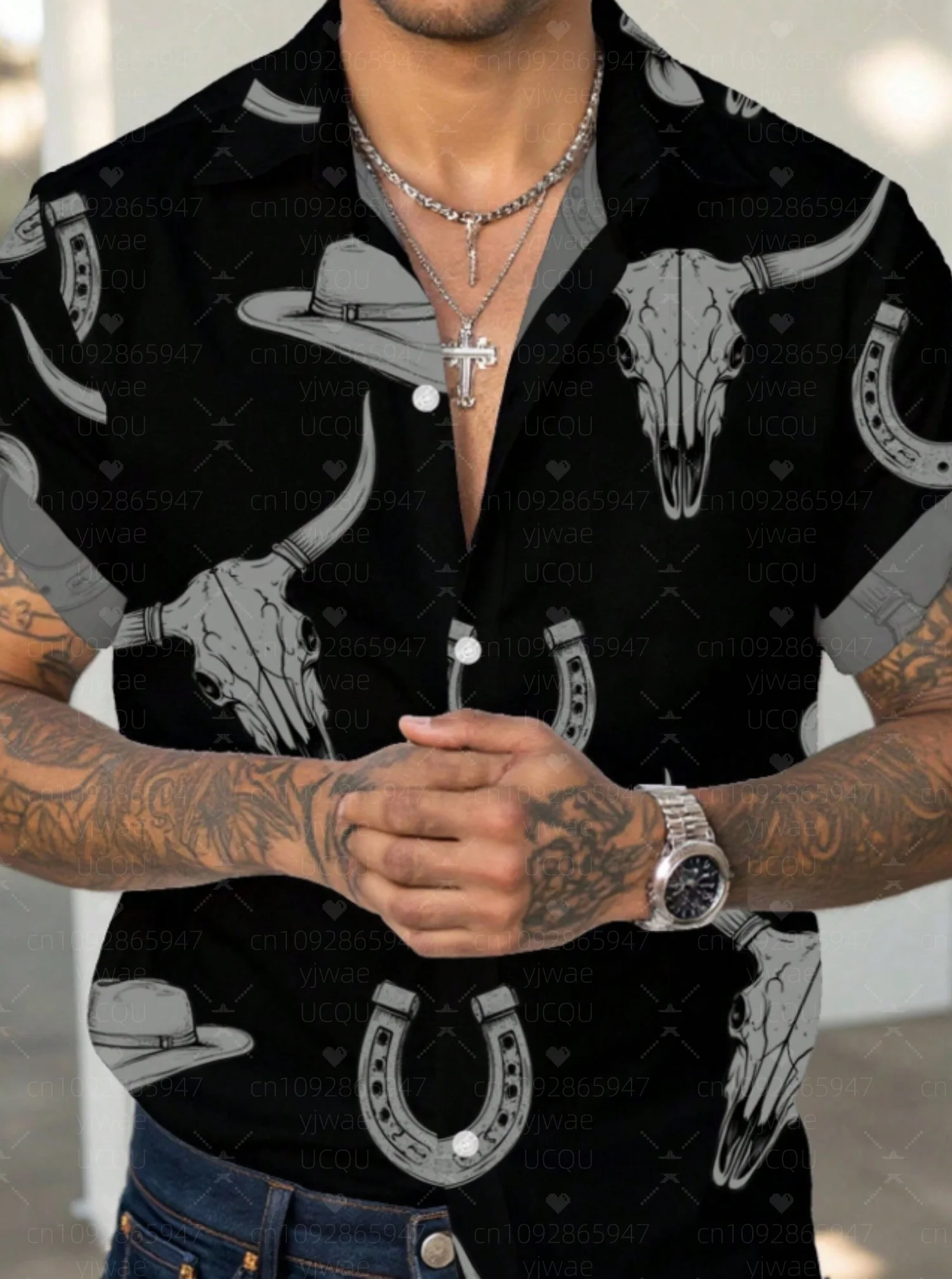 

2025 Мужская рубашка в стиле вестерн, ковбойский бык, череп, подкова, повседневная рубашка с короткими рукавами и отложным воротником для мужчин