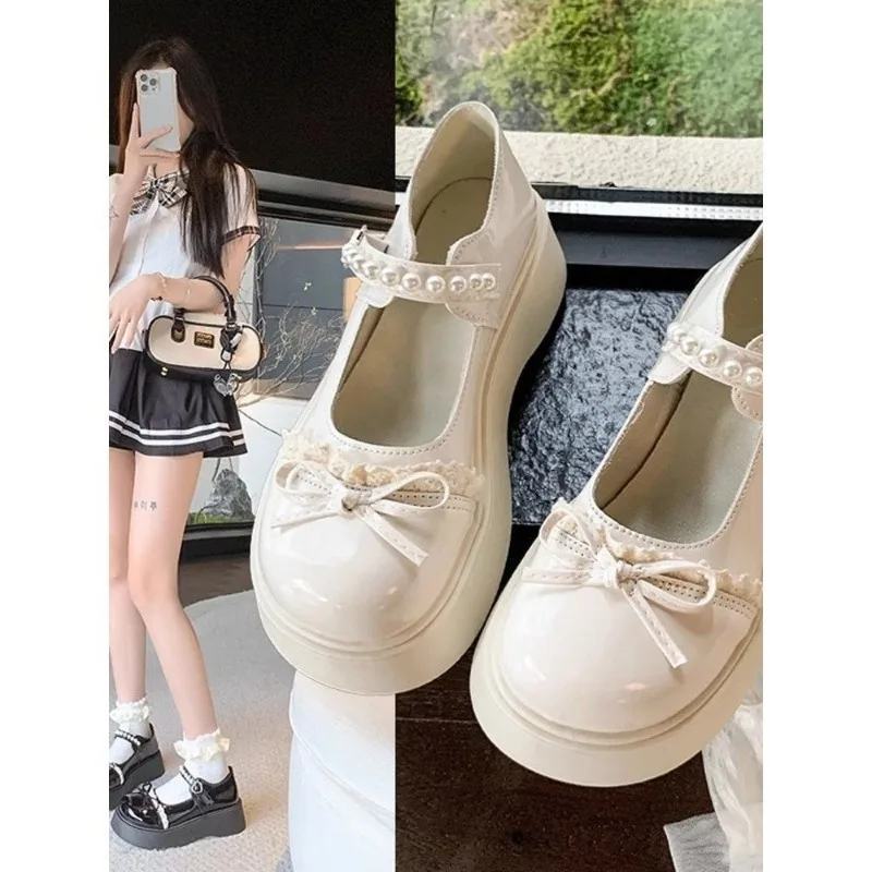 أحذية جلدية منصة 2025 لربيع وصيف جديد لؤلؤة ماري أحذية فردية ماري جين