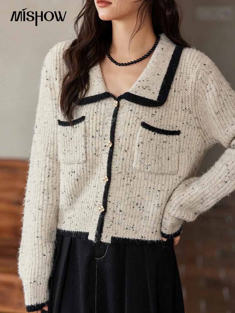 MISHOW Knitted Cardigan Color Clash Sweater Winter New Pockets Design Sweet Romantic Tops Versatile Coat Office Lady MXD55Z1054