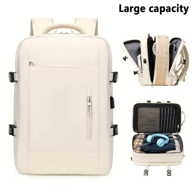 Beige Expandable Backpack, 10cm Extend Waterproof Travel Laptop Bag with TSA Anti-Theft Lock for Business Trip Daily Commute