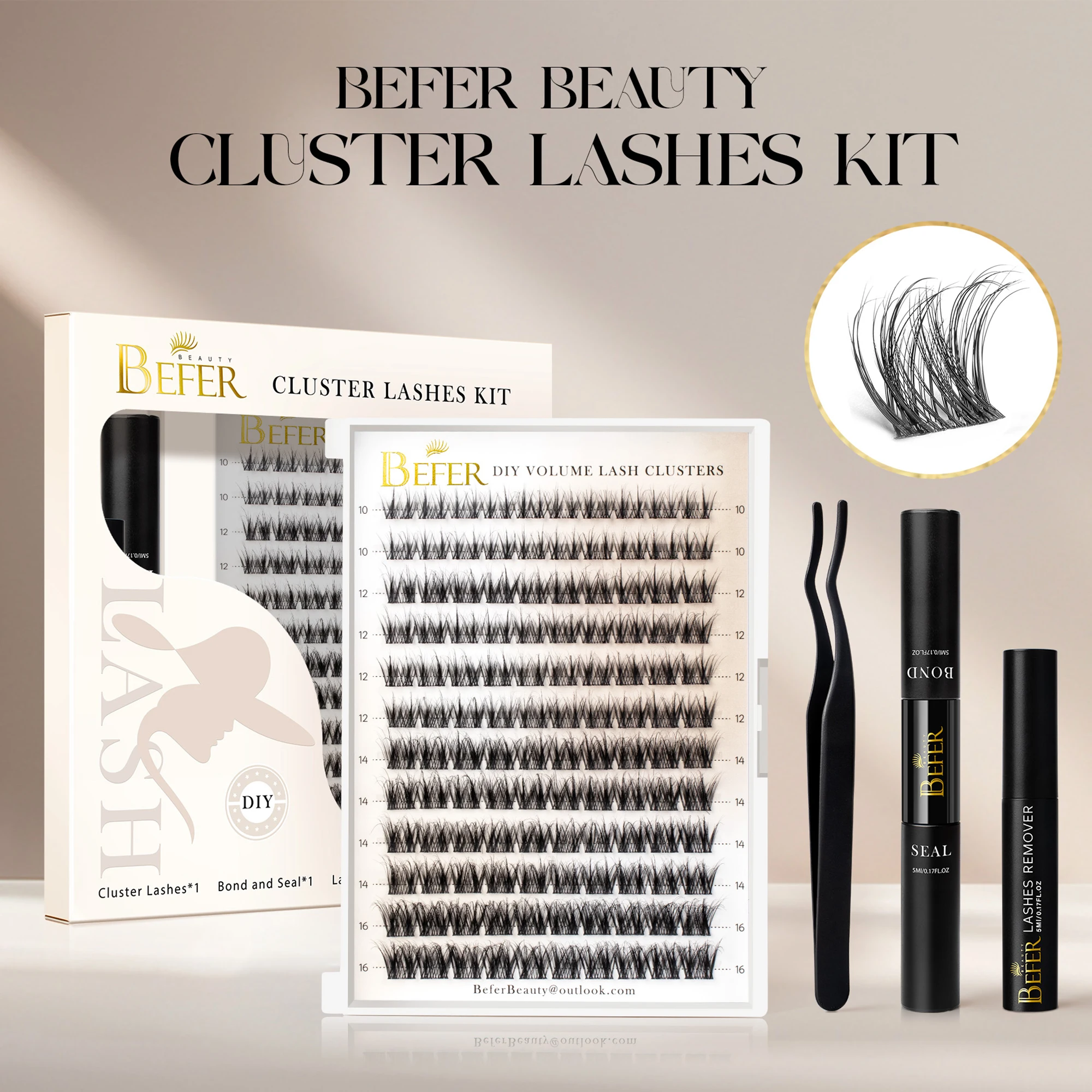 Befer Kit de grappes de cils ensemble de faux cils 3D cils naturels D Curl Kit d'extension de cils bricolage avec pince à épiler dissolvant de liaison et de joint