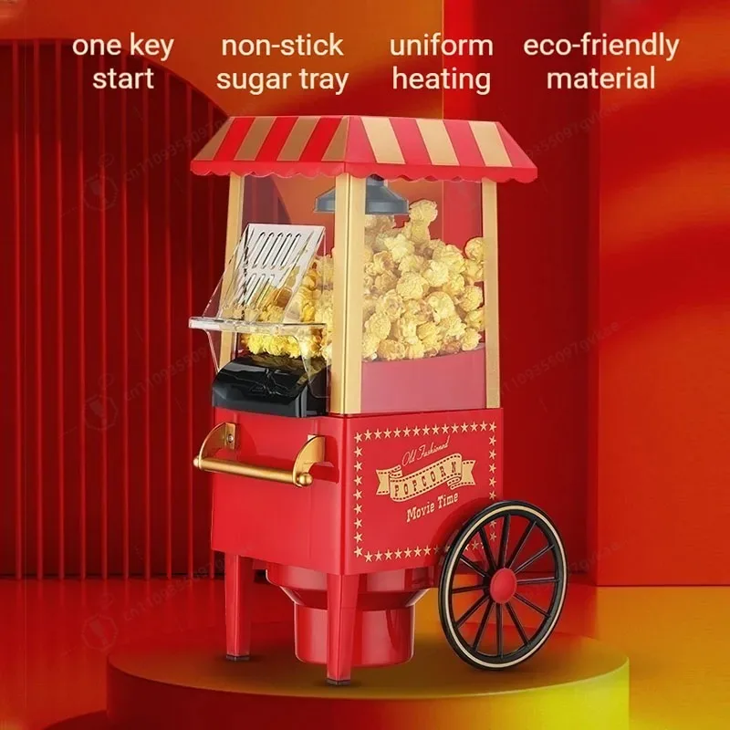 Vintage Style Popcorn Machine with Small Cart Home Use Fully Automatic Corn Popper Maker for Parties and Movie Nights
