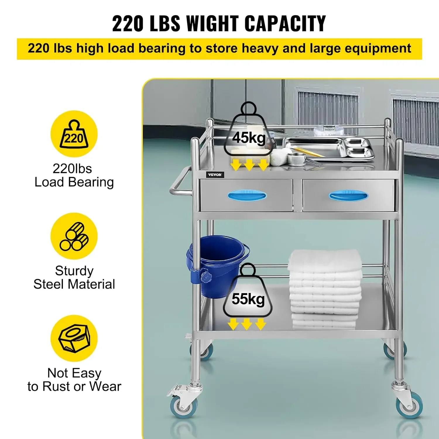 Lab Serving Cart Utility Cart Stainless Steel Medical Cart with Two Drawers for lab Equipment Use Grade I Stainless Steel