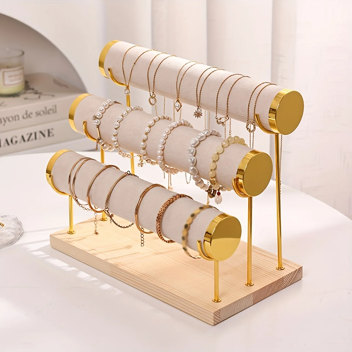 Gold Rim Velvet Bracelet Display Stand, Multi-Tier Wooden Base Jewelry Holder for Bangles Necklaces - view 2