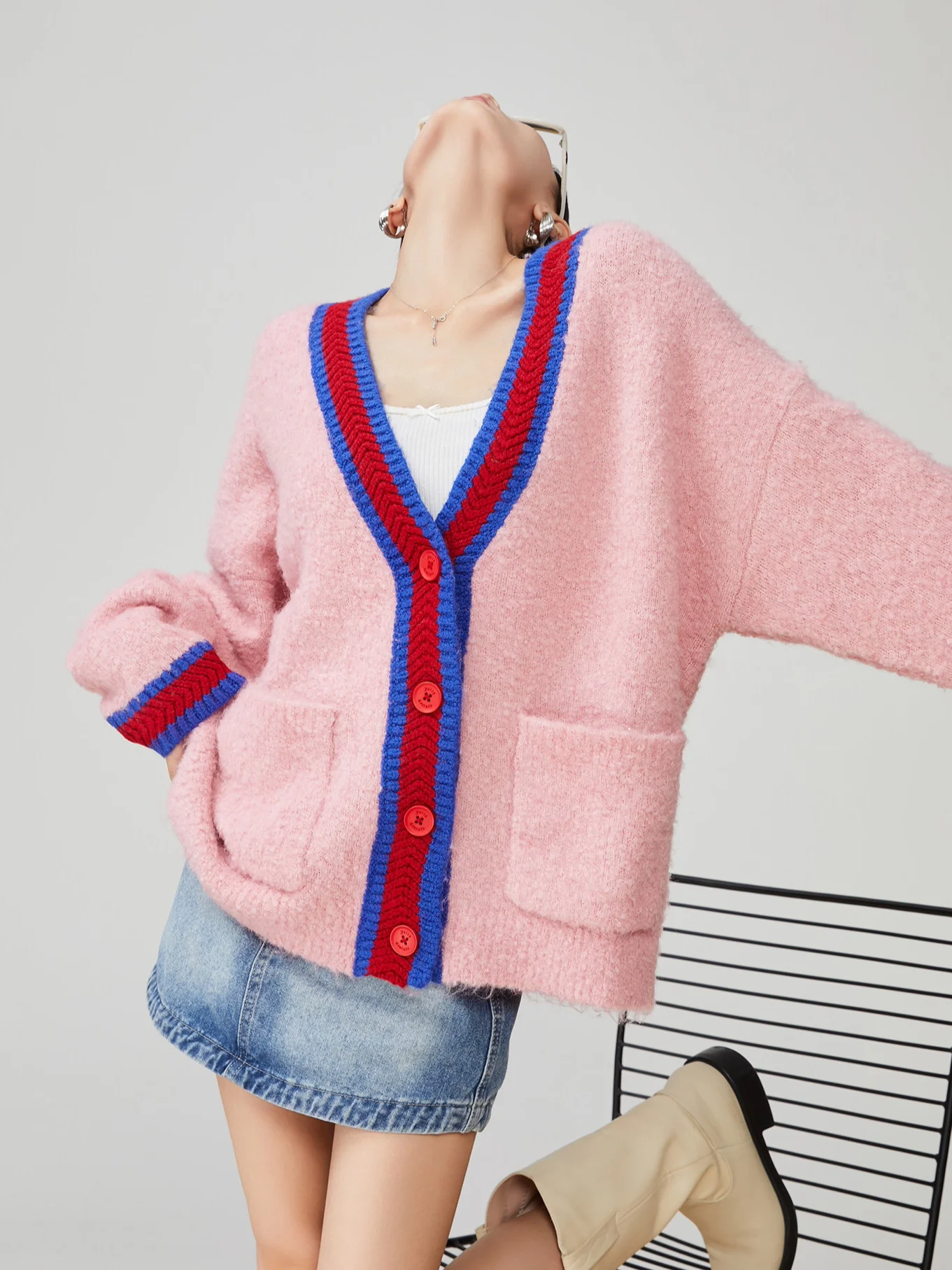 

Розовый вязаный кардиган с контрастными вставками, женский, модный, весенний, новый, в корейском стиле, повседневный, свободного кроя, класса люкс