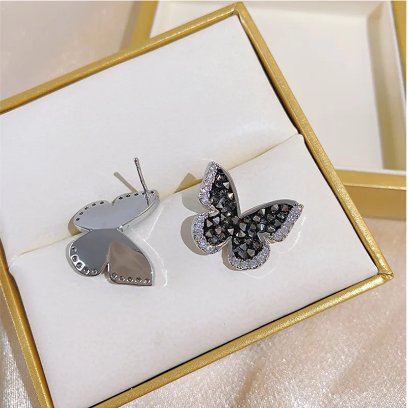 Cor Prata Incrustada Zircão Borboleta Brincos para Mulheres, Cristal Preto, Jóias De Casamento, Presentes De Aniversário, Personalidade Moda