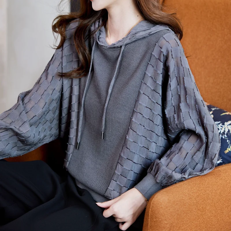Mode Lässig Patchwork Batwing Hülse Mit Kapuze Hoodie Frauen Frühling Herbst Neue Stil Minimalistischen Vielseitig Pullover Top
