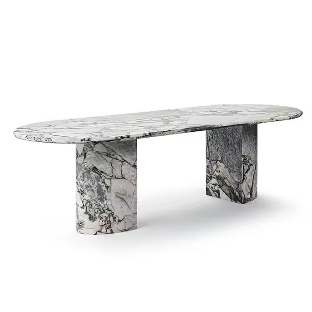 

Modern Apartment Dining Room Furniture Nature Oval Design Calacatta Blue Marble Table Set for 6 Movable Top Daily Use