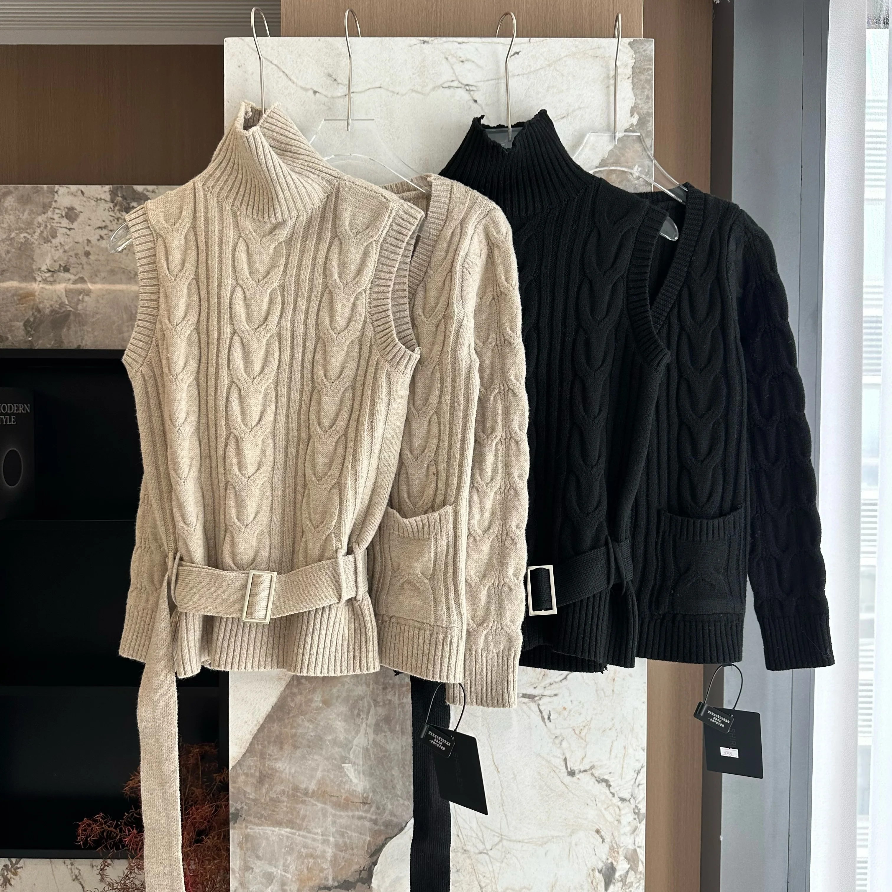 Women's Autumn Winter Two Pieces Twisted Pattern Cardigan Set Lady Long Sleeve V Neck Cardigan Outwear + Turtleneck Vest Top