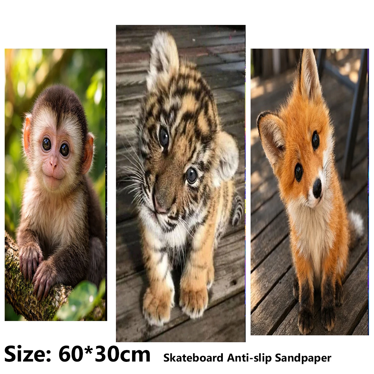 Electric Scooter Anti-slip Sticker Sandpaper Skateboard GripTape Sheet 60*30cm Tiger, Monkey, Fox Patterns