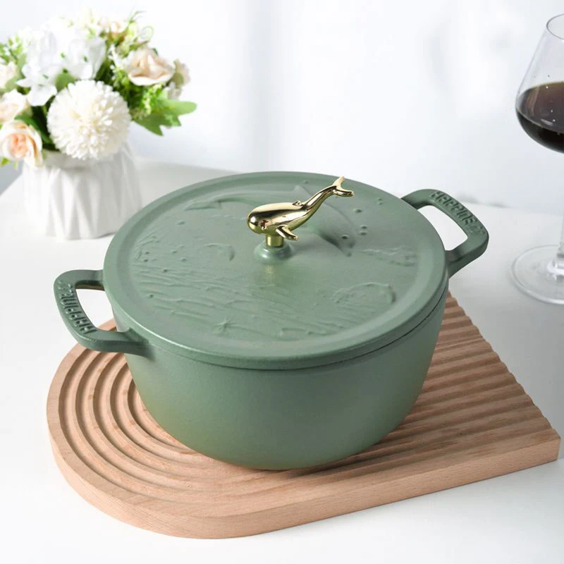 22CM Relief Dutch Oven Green Enameled Cast Iron Soup Pot With Lid Saucepan Casserole Kitchen Accessories Cooking Tools