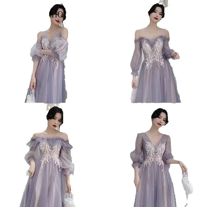 Customized Tulle Purple Bridesmaid Dresses Women Formal Gown Sweet Memory Long Sleeve Robe Soiree Girl Prom Wedding Party Dress