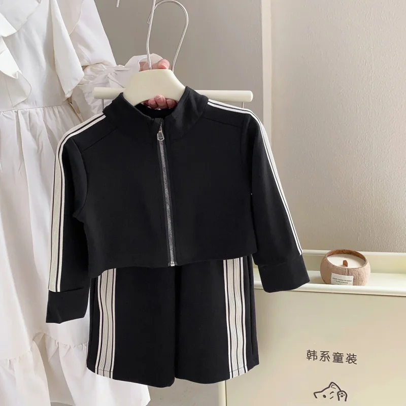 

2024Autumn New Girls' Zipper Sweater Suit Korean Style Baby Girls' Stretch Top and Trousers Two-Piece Set