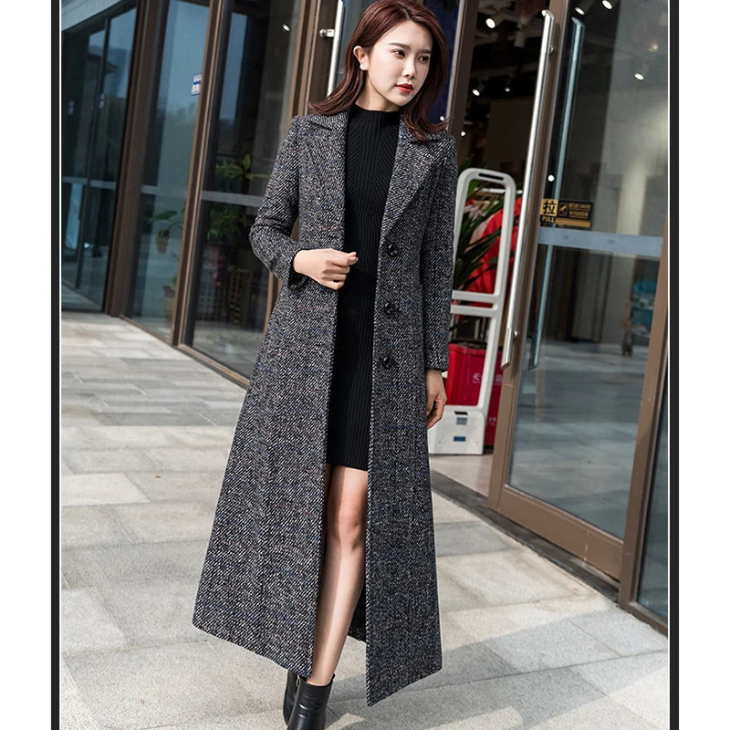 

New Women's Plaid Woolen Coat Thickened Warm Grey Long Top 2024 Autumn Winter Slim Woolen Jacket Female Vintage Woolen Outerwear