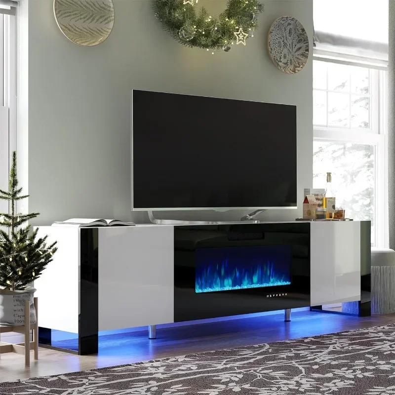 

80" Fireplace TV Stand with 40" Electric Fireplace, High Gloss Entertainment Center with LED Lights, Modern Entertainment