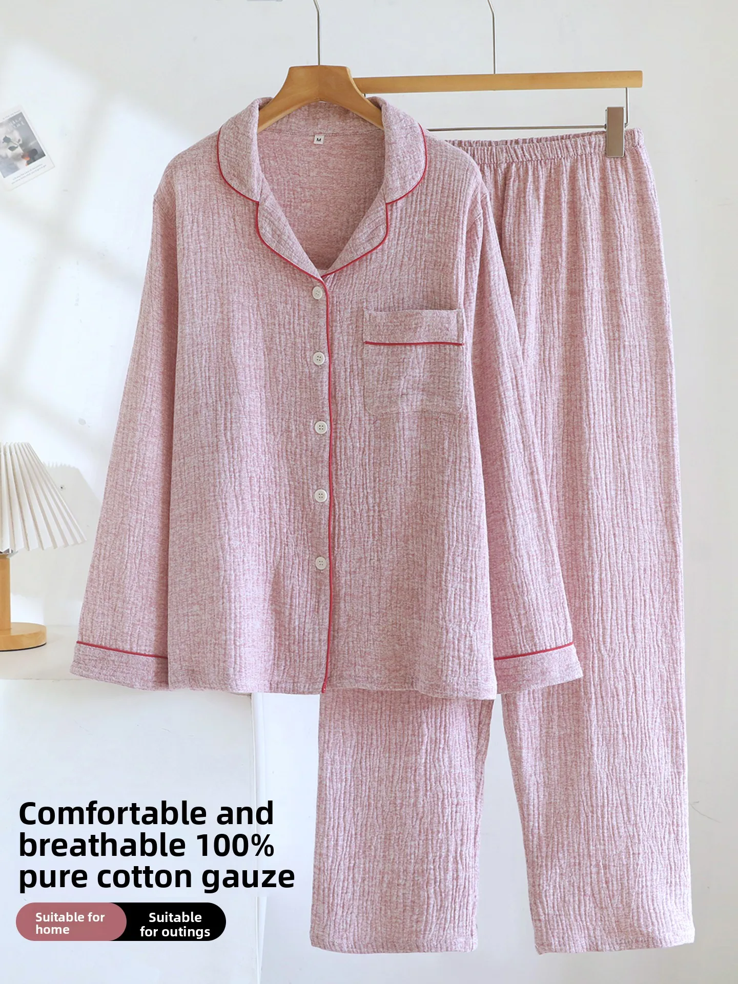 double-layer-pure-cotton-flannel-long-sleeve-sleepwear-women's-style-summer-couple-set-simple-high-end-cotton-linen-home-clot