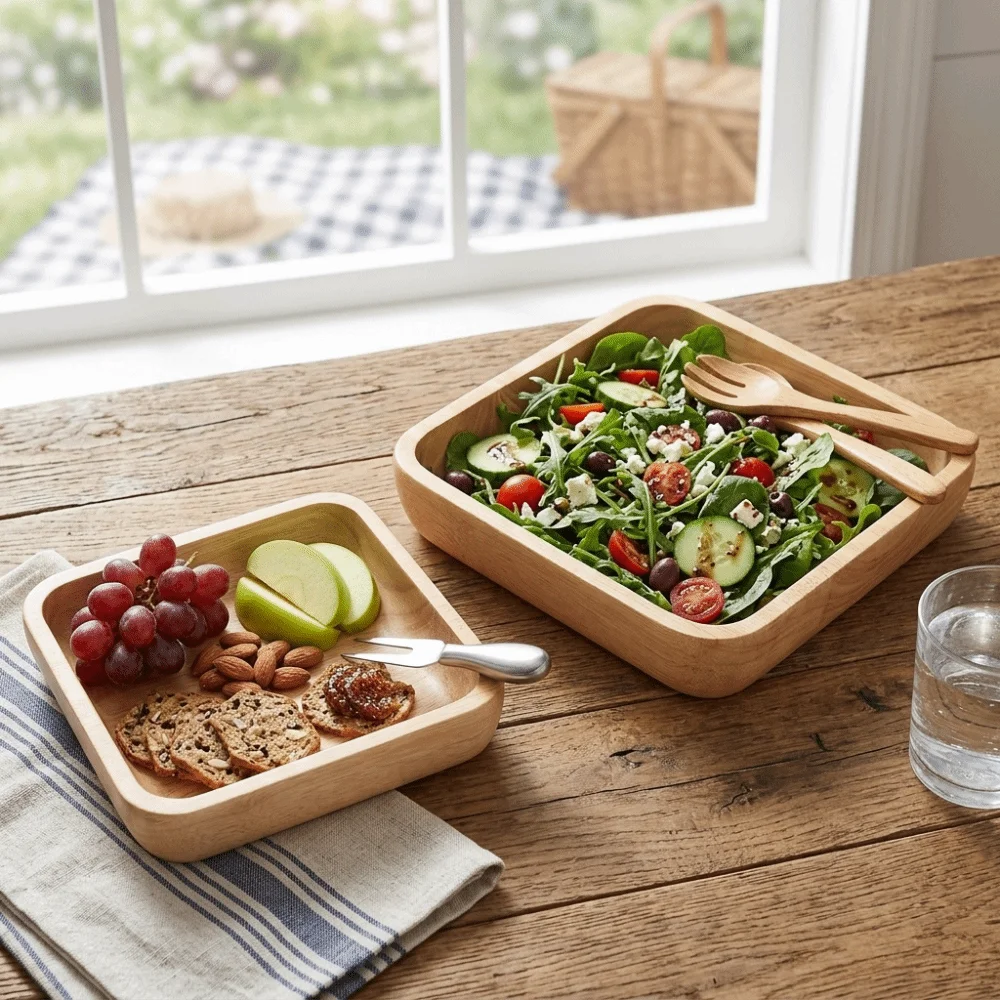 Rubber Wood Wood Plate Square Original Wood Color Salad Plate Light Luxury Texture Smooth Fruit Tray Home Living Room