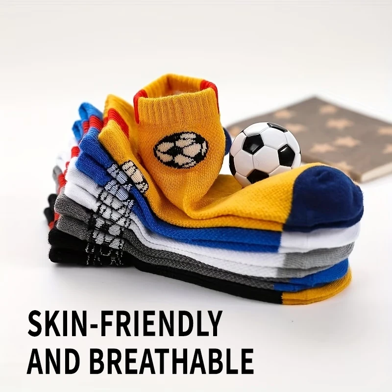5 Pairs Kids Boys Socks Soccer Pattern Mesh Breathable Ankle Socks Skin‑Friendly Color Block Sports Short Socks For Children`