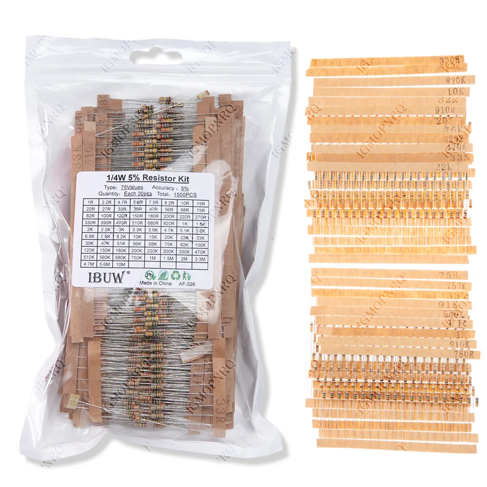 1500PCS 1/4W Carbon Film Resistors Assorted kit 75Values (1 ohm~ 10M ohm) Resistance 5% Tolerance Resistor Pack