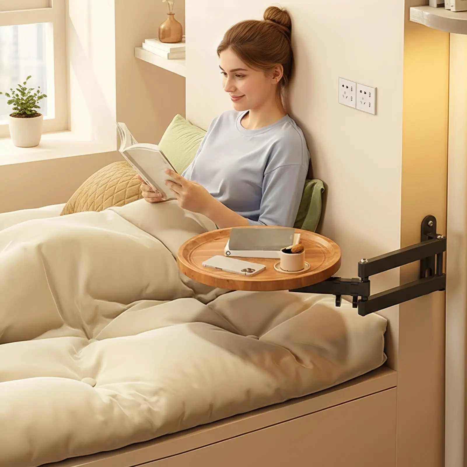 Folding Iron Tray Wall-Mounted Retractable Bed Tray 30cm Wood Round Foldable Table Adjustable Rotating Floating Frame For Room