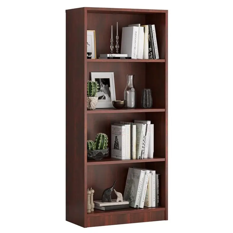 

Freestanding 4-Shelf Wooden Bookshelf with Adjustable Shelves for Home Office - Cherry Finish - 4 Layers for Storage and