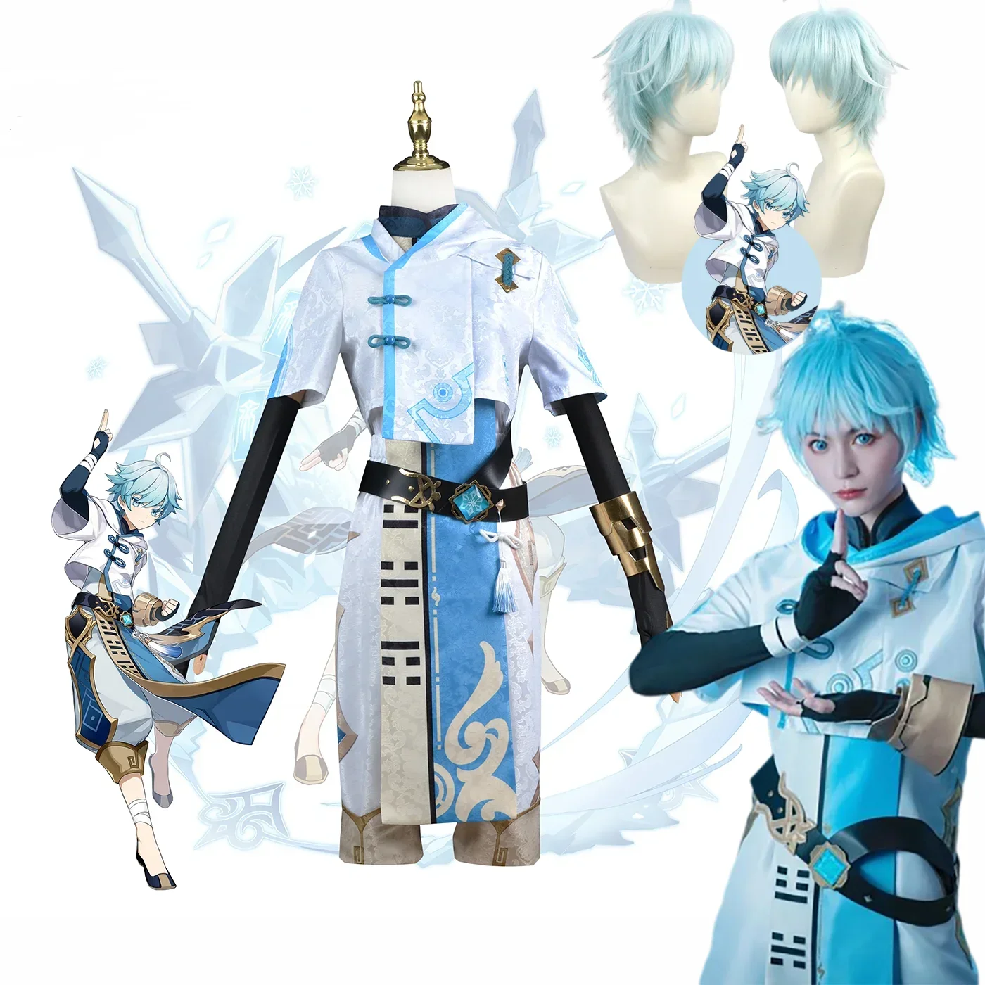 

Chongyun Genshin Impact Cosplay Costume Elastic Uniform Outfit Yun Wig Halloween Party Anime Game Fancy Dress for Men Women