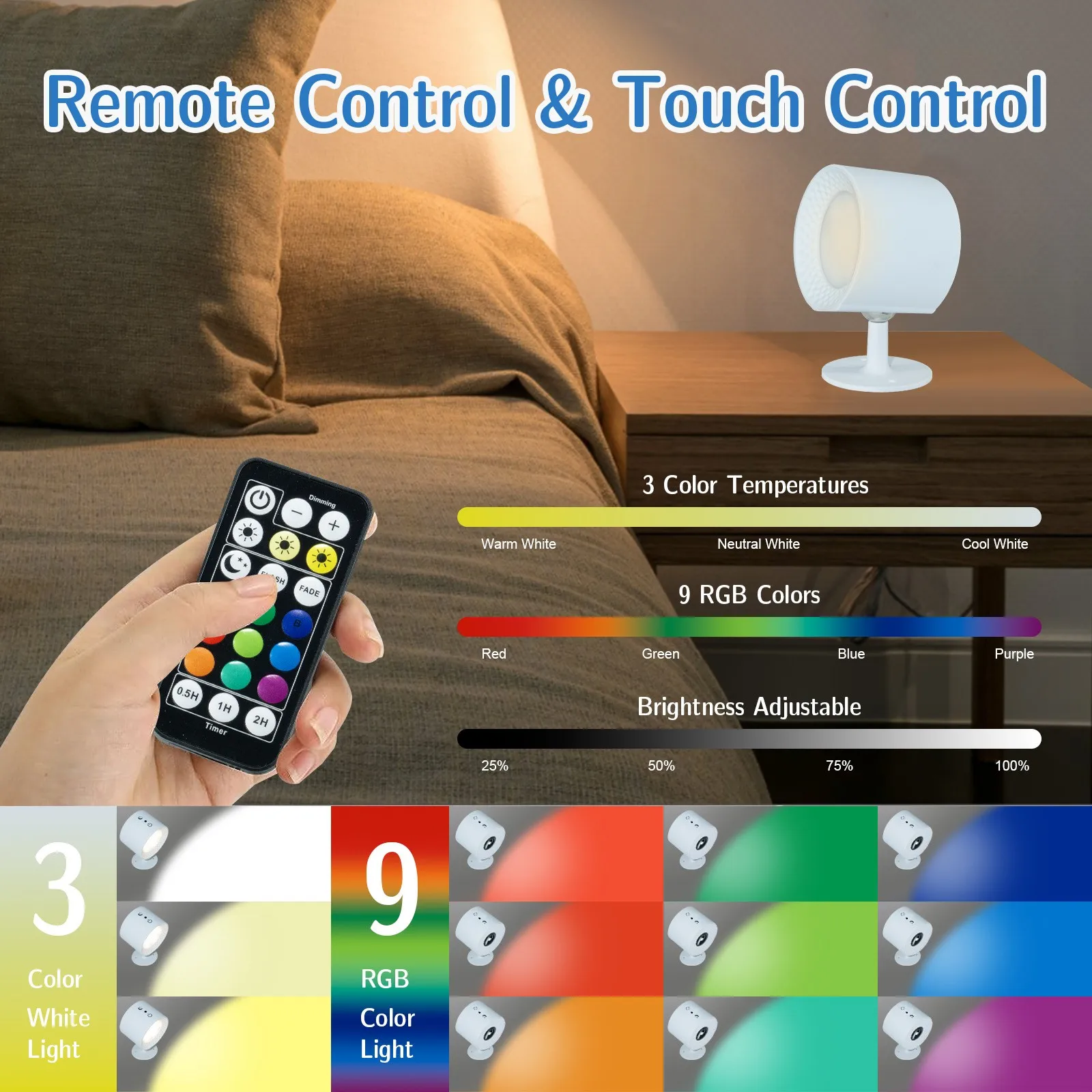 12 Color Wall Lamp Wireles Touch Remote Control 360° Rotate Night RGB LED Lights Up Down Reading Bedroom Lamp Decor Rechargeable