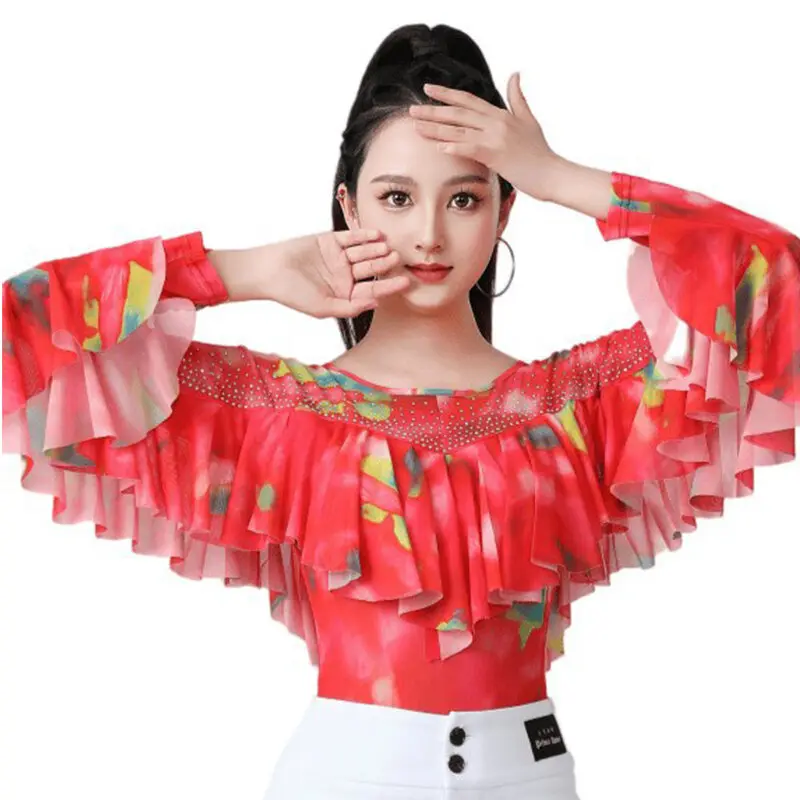 ملابس الرقص اللاتينية للنساء أزياء الماس كشكش طباعة ساحة الرقص تي شيرت ملابس رياضية اللياقة البدنية في الهواء الطلق