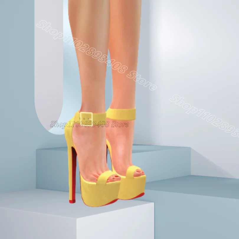 Yellow Platform Square Buckle Sandals Cover Heels Solid Fashion Design Women Spring Party Dress Sandals 2024 Zapatos Para Mujere