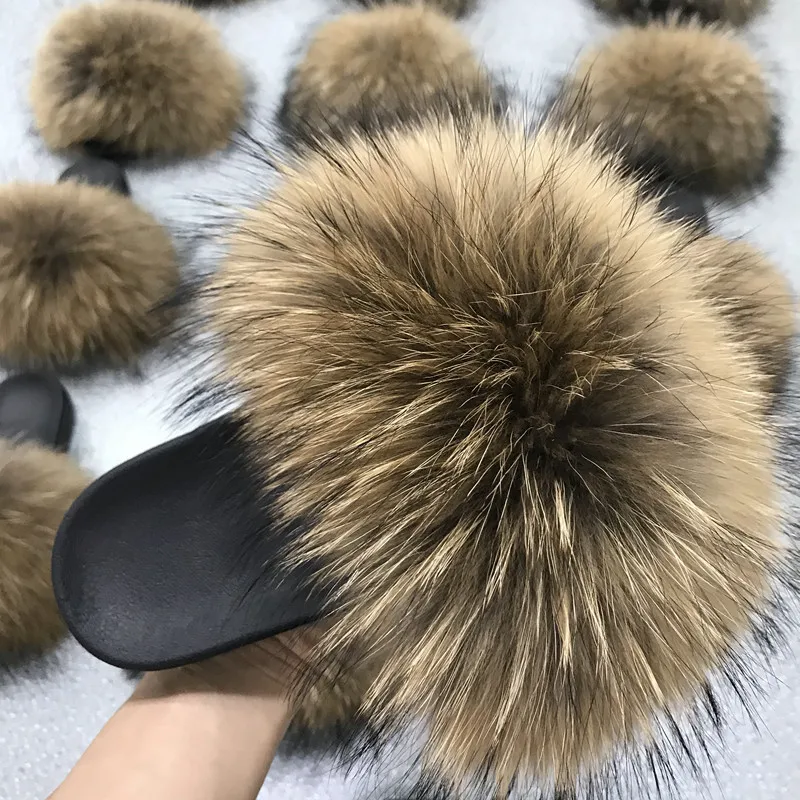 Real Fox Fur Slippers Women Fur Slides Indoor House Woman Flip Flops Beach Shoes Summer Woman Sandals PVC Sole