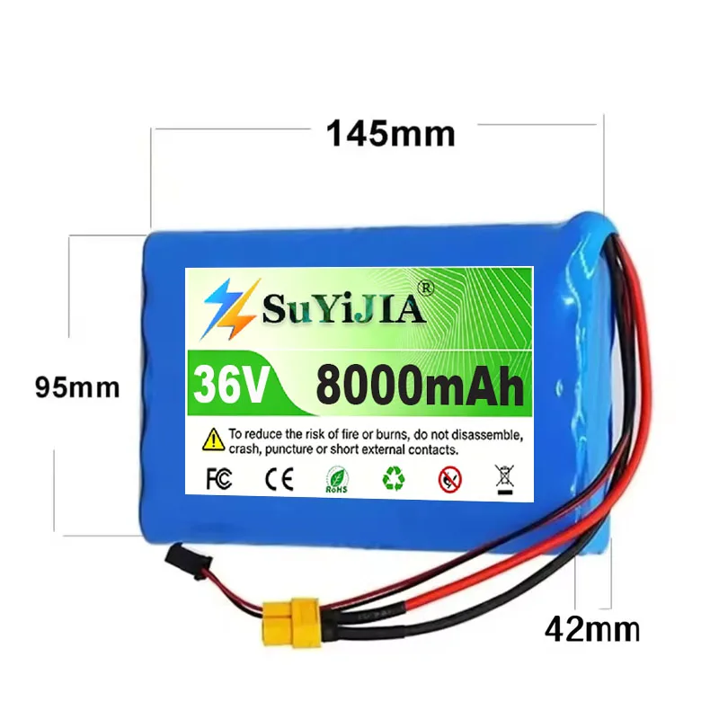 36V 8000mAh 18650 Li-Ion Battery Pack 10S2P Built-in BMS Rechargeable for Scooter Toy Bike,with Customizable Connections.