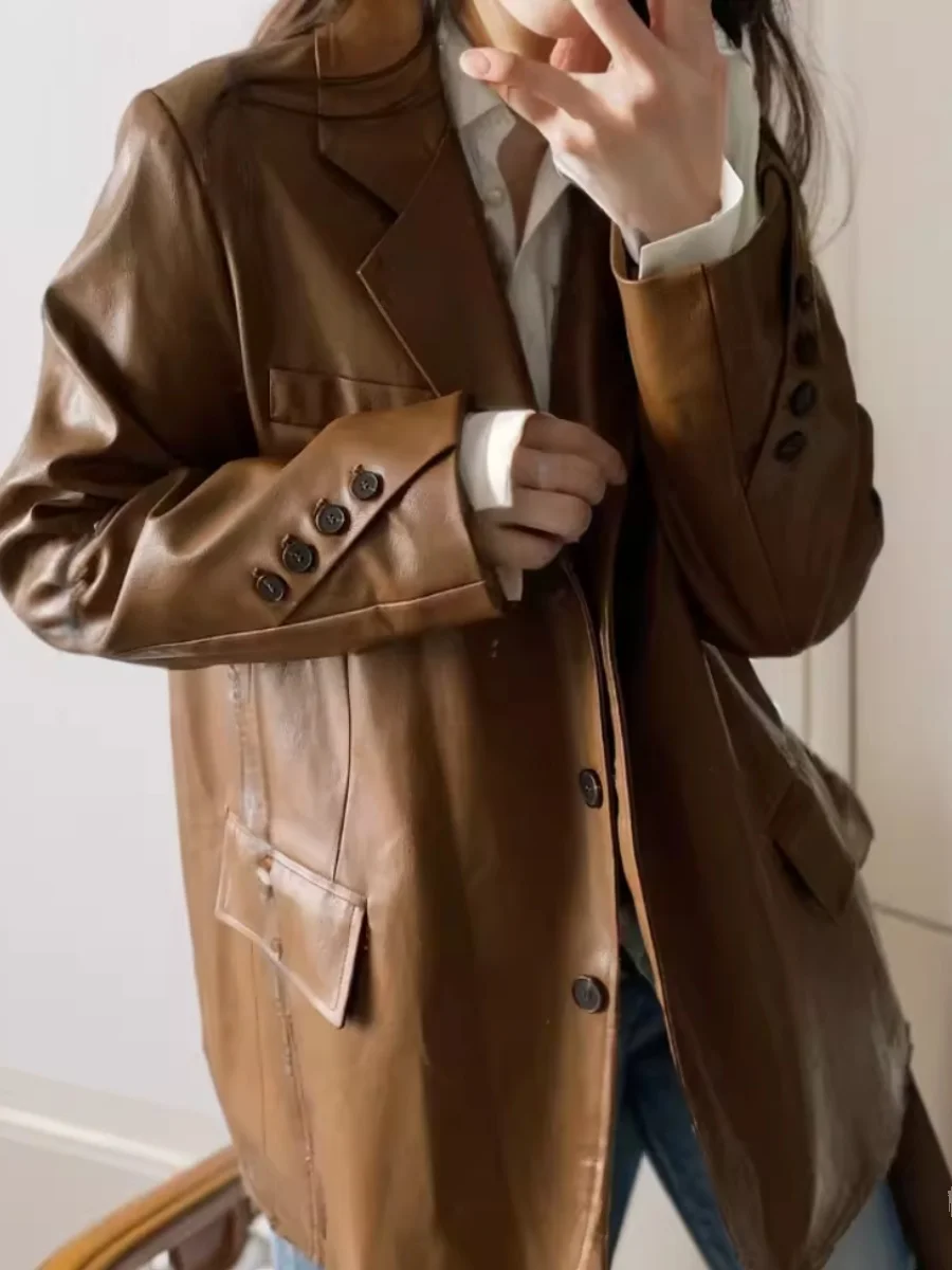 Veste de moto marron vintage imbibée de cuir pour femme, manches longues, simple boutonnage, mode tendance décontractée, printemps, automne