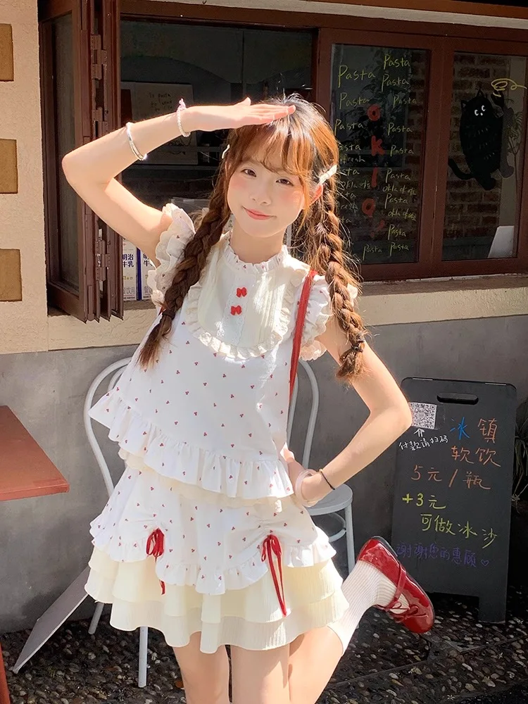 

Korean Fashion Design Lace Up 2-poece Set Schoolgirl Sweet Fly Sleeve Tops + Mini Skirt Suit Summer Y2k Heart Print Outfits 2025