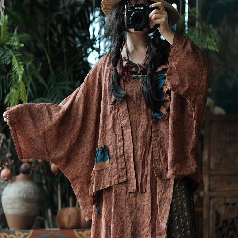 

Oversized Women Casual Ramie Shirt New 2026 Summer Vintage Style Floral Print Loose Female Batwing Sleeve Tops Shirts M2779