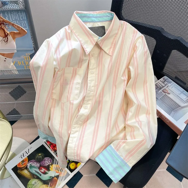 

Female Spring Casual Fashion Button Striped Color Blocking Polo Collar Women Shirts Simplicity All-match Cotton Long Sleeve Tops