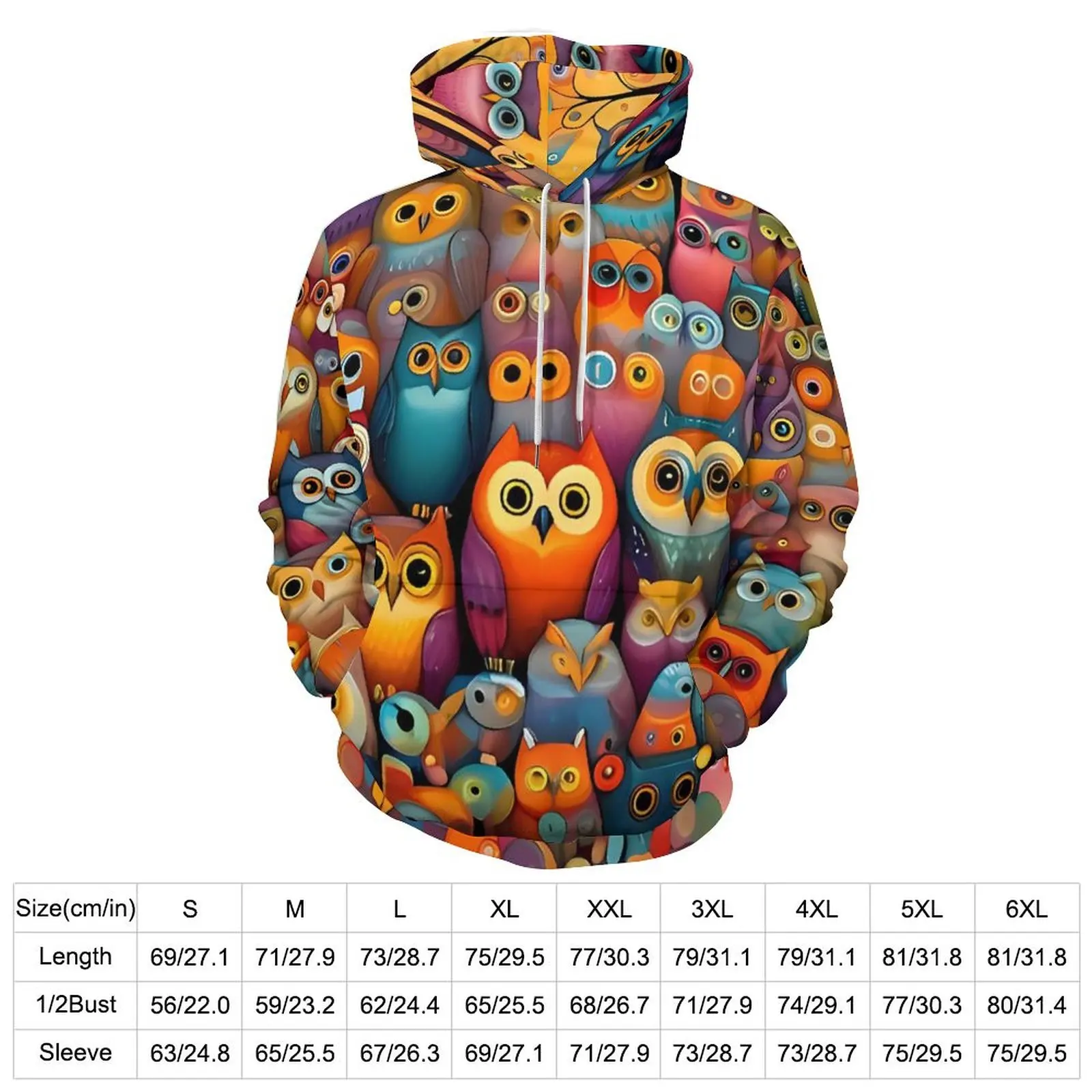 Colorful Bold Owl Print Hoodies  Harajuku Casual Hoodie Long Sleeve Y2k Design Hooded Sweatshirts Birthday Present