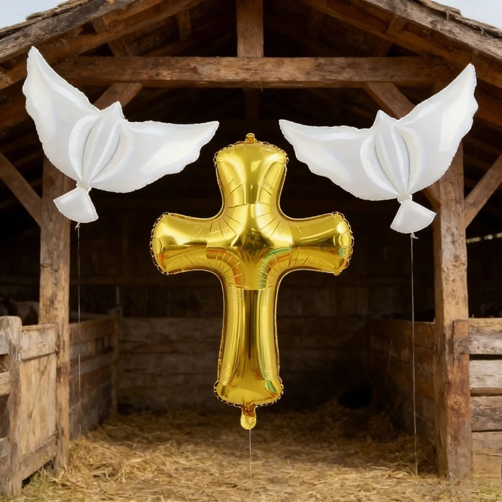 3 Balões de Folha em Formato de Cruz e Pomba da Paz Branca para Primeira Comunhão, Natal, Batizado, Chá de Bebê e Decoração de Festas de Casamento