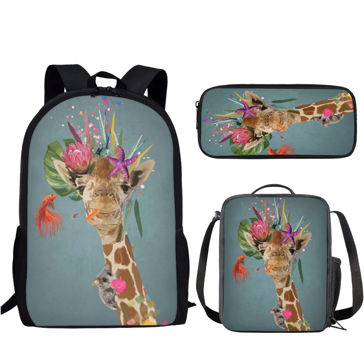 Mochila escolar con estampado de jirafa para niños y niñas, bolsa de almuerzo informal con estampado divertido de 3 piezas, ideal para el Campus