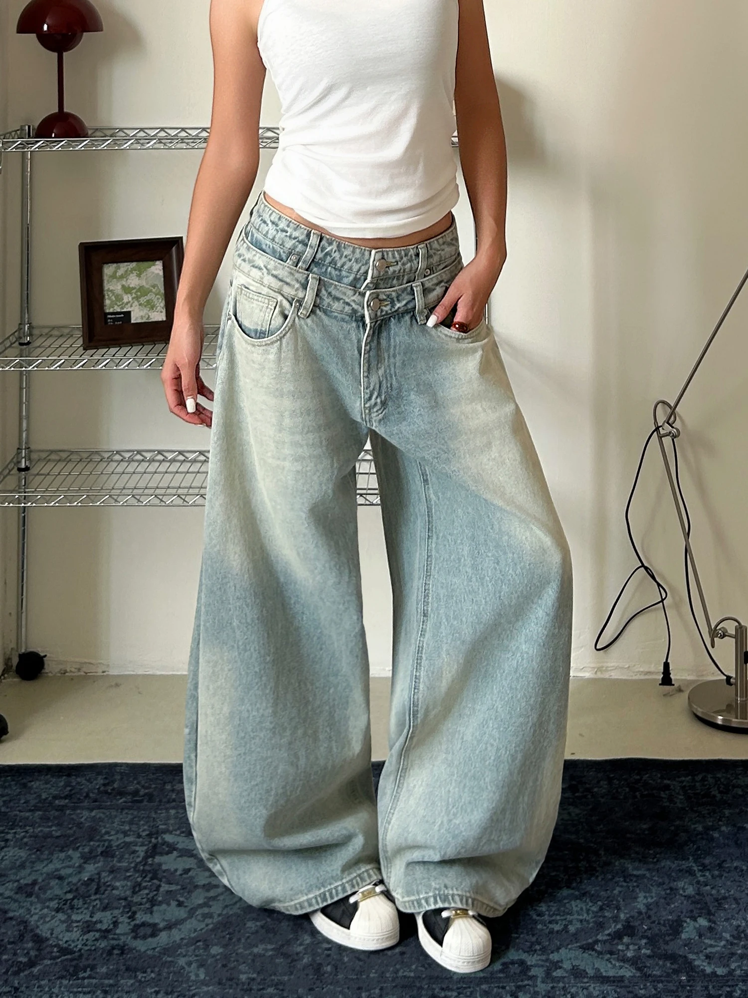 

Широкие джинсы в американском стиле ретро с высокой талией, искусственный двухсекционный нож, свободные брюки длиной до пола для женщин, хлопковая джинсовая ткань