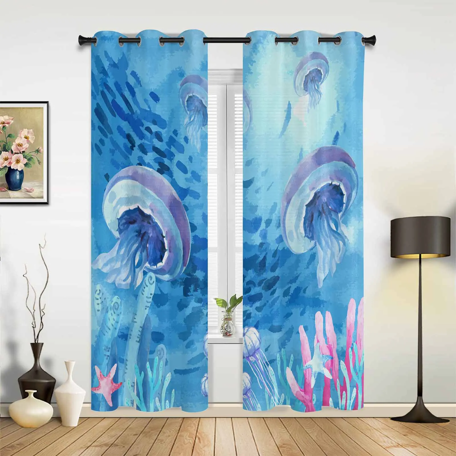 Ocean Coral Starfish Jellyfish Shoal Summer Modern Window Curtains for Living Room Bedroom Curtain Home Decor Balcony Drapes