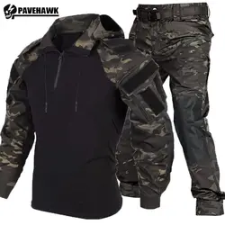 Outdoor Camouflage Training Set Mens Tactical Hooded Pullover+Wear-resistant Patchwork Overalls Suit Combat Uniform Waterproof