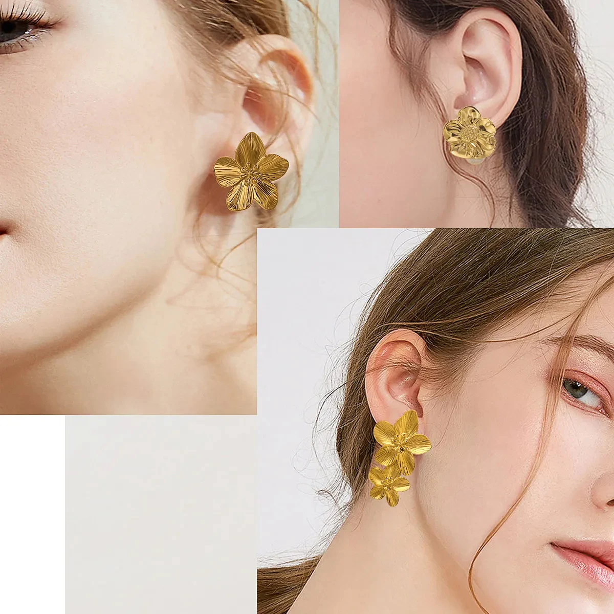 Stainless Steels Flower Earrings Women Double Layers Statement Gold Plated Earrings Fashion Large Hanging Stud Party Jewelry