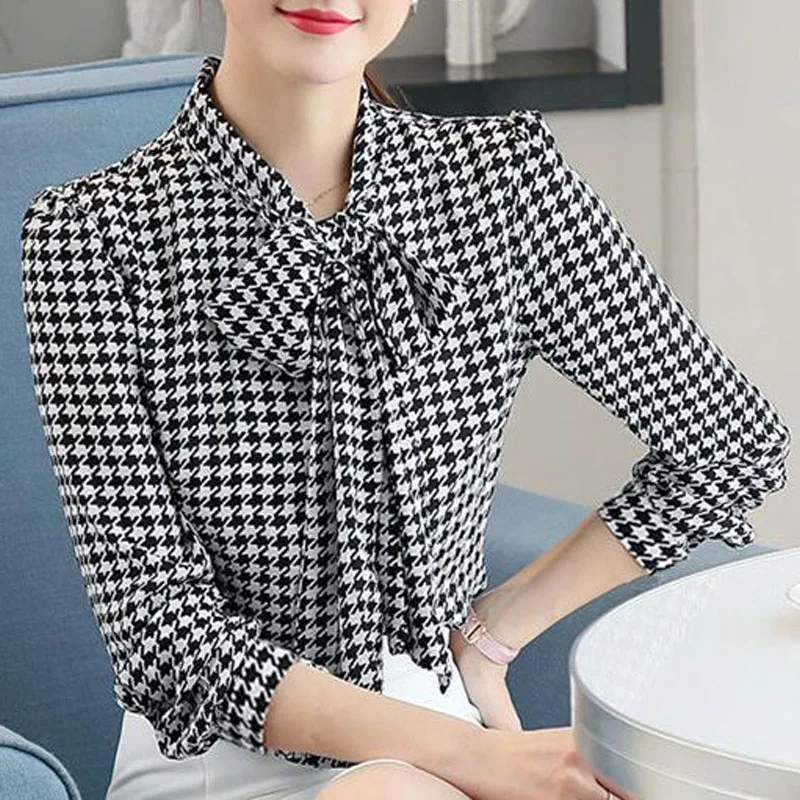 Thời Trang Mùa Hè 2022 Houndstooth In Áo Thun Áo Sơ Mi Vintage Thanh Lịch 3/4 Tay Khăn Quàng Cổ Tất Cả Trận Đấu Áo Nữ