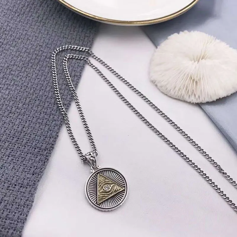 

European and American Pure Silver Eye of God Pendant for Men Vintage Egyptian Jewelry Chain Pyramid Round Label Pendant Necklace