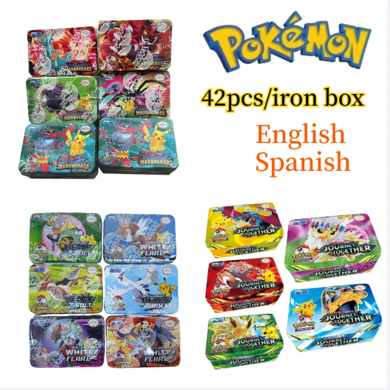 42pcs/set Iron Box English Spanish Pokemon Battle Cards Toys White Flare Black Bolt Pikachu Game Anime Bank Cards Battle Cards