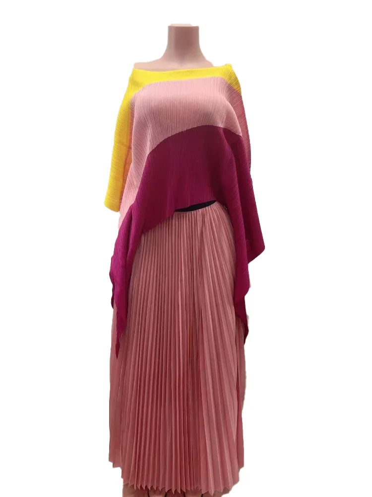 

ANLAN Europe and America Plus Size Fashion Set Miyake Pleated Stretch Women's Irregular Top and A -line Long Skirt 2 Piece Set
