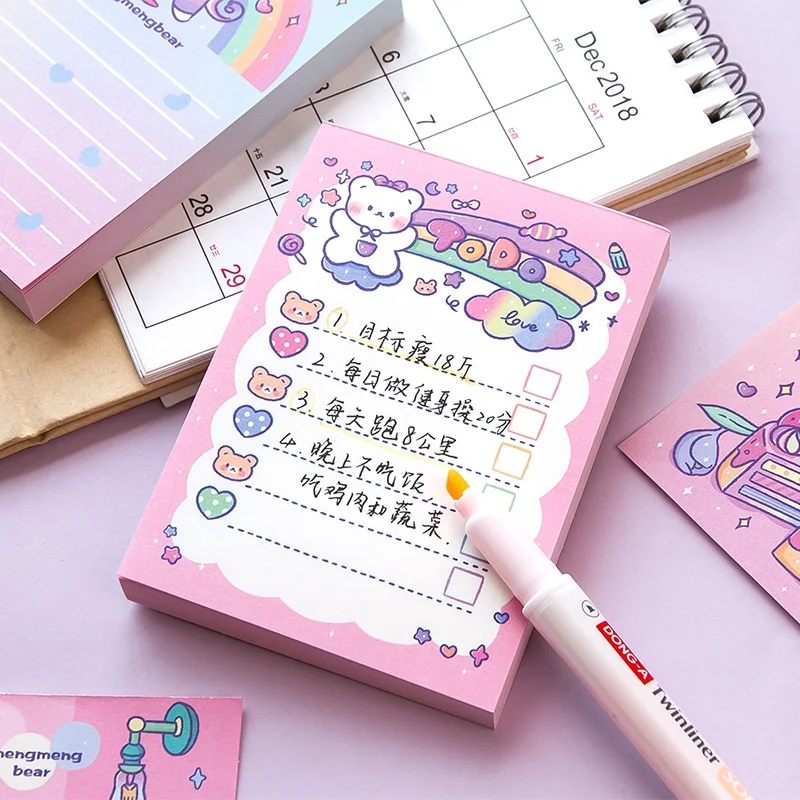 100pcs Memo Cute Bear Purple Pinky Message Notes Handbook Material Paper Girls Boys Notepads