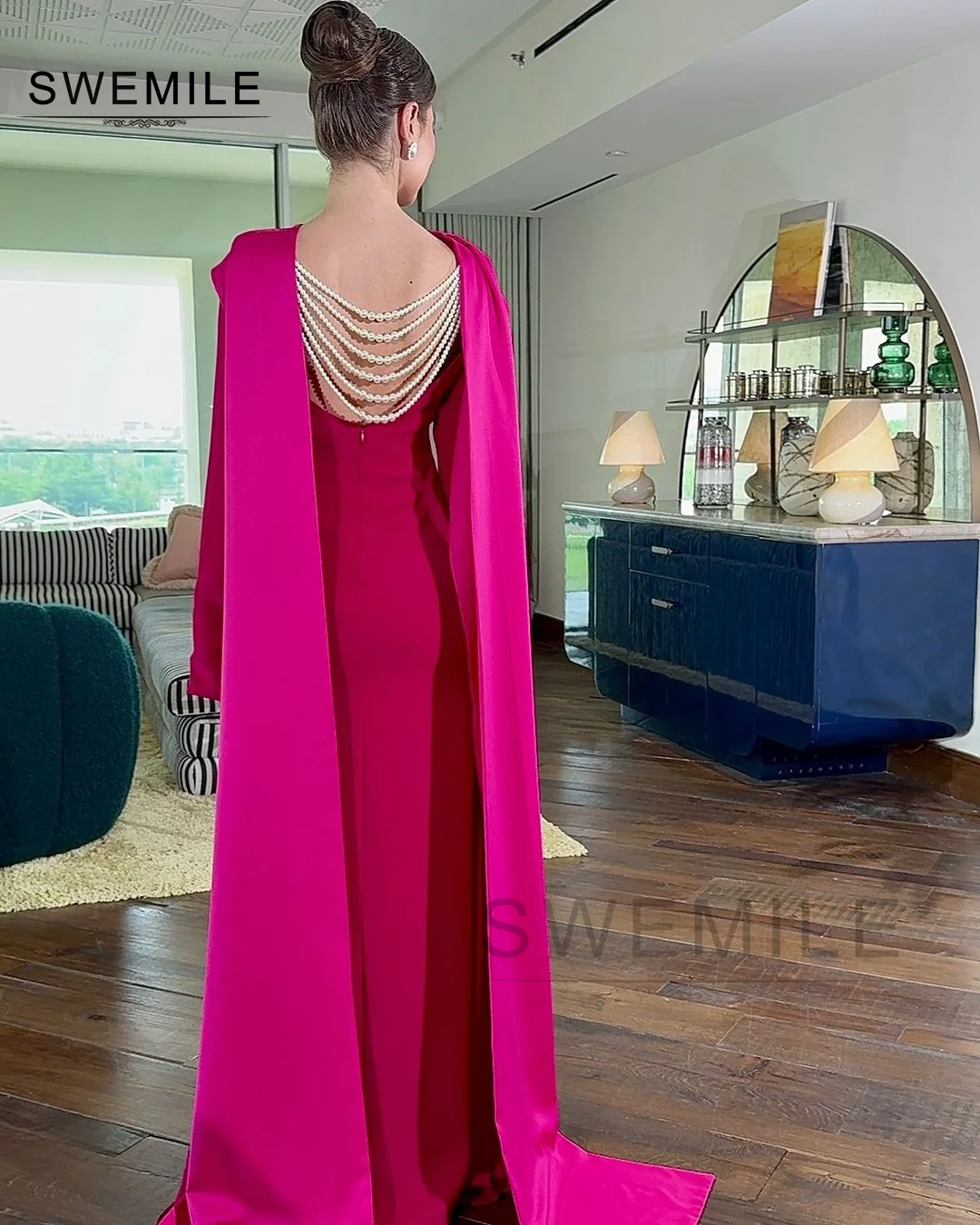 Pink Long Dresses Prom Dress Formal Occasion Dresse Floor-Length Zipper Up Long Sleeves Long Dresses Elegant Dresses For Women